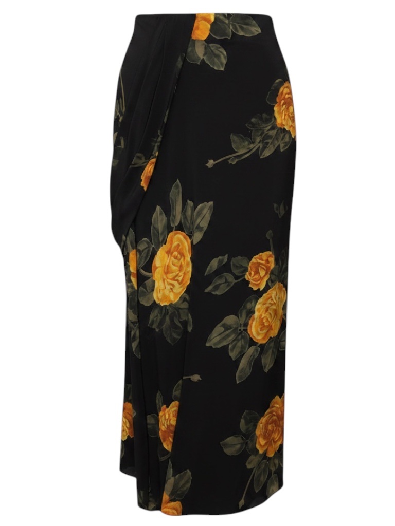 Simone Rocha Black / Yellow Multi Floral Printed Silk Maxi Skirt With Draped Det